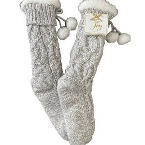 Joy Slipper Socks Grippers Gray Cable Knit Fur Lined Pom Poms One Size 5-10